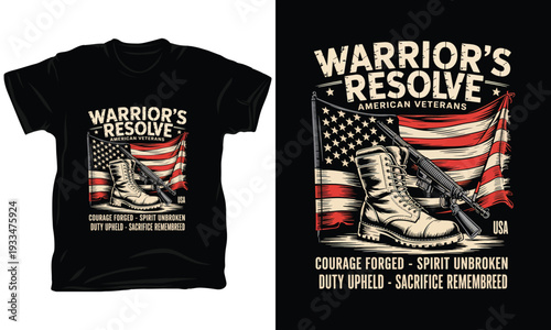 Warrior's resolve vector illustration, american veterans with flag, boot and rifle