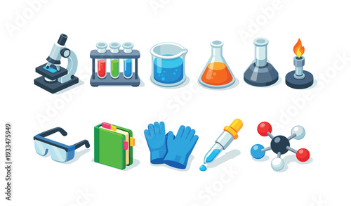 Science equipment 3d icon set. chemistry, lab tools, glassware in 3d style collection