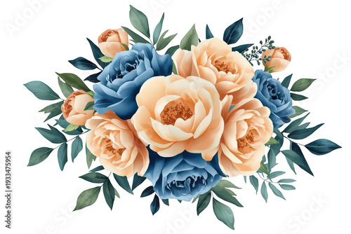 Watercolor floral bouquet with blue and peach peonies, roses and green leaves, transparent background