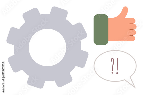 Workflow processes, quality approval, feedback systems, ideas generation, communication efficiency, teamwork. Gear, thumbs-up gesture and speech bubble with symbols. Workflow and quality approval