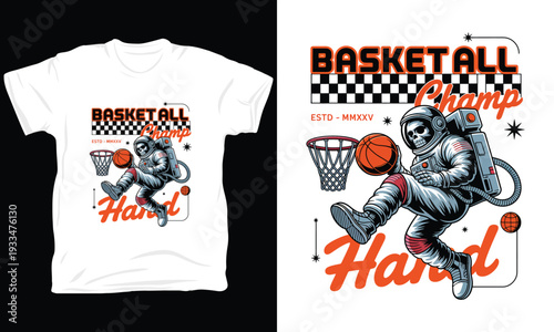 Skeleton astronaut playing basketball in space vector illustration champion cosmic design