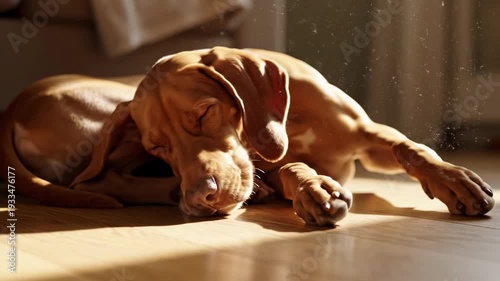 Vizsla Dog Relaxing in Sunlight on Wooden Floor.