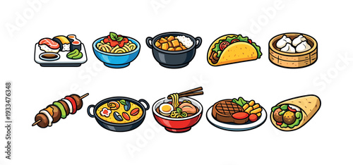 Food and cuisine icon set. delicious culinary linear icons collection.
