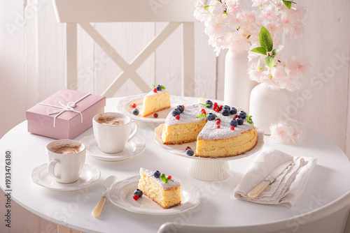 Homemade Basque cheesecake served on table for two.