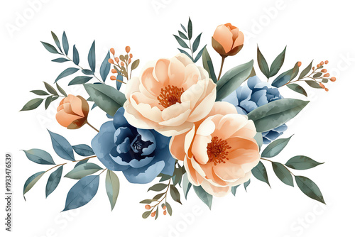 Watercolor floral bouquet with peach and navy blue flowers, green leaves, and delicate berries, transparent background