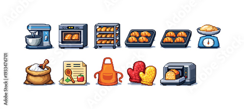 Baking kitchen pixel icon set. cooking, bakery tools icons pixel art collection