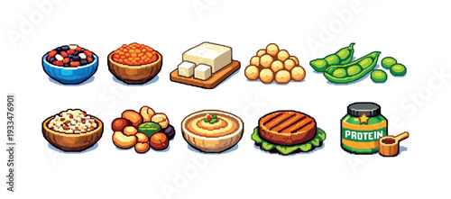 Healthy food icon set: nutritional, pixel art, flat collection for balanced diets
