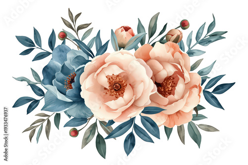 Watercolor floral bouquet with blooming peach and blue peonies, leaves, and buds on transparent background