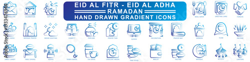 Eid Al - Fitr Hand Drawn icons set. contain adzan, mosque, crescent moon, tea serve, tray food, tasbih beads, fasting and more. Vector for modern concept, print, UI, UX kit, web and app development.

