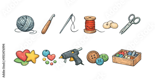 Crafting, sewing hand-drawn icon set. buttons, yarn, needlework tools illustration