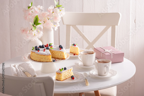 Sweet Basque cheesecake served on table for two.