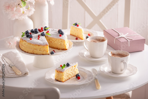 Homemade Basque cheesecake served with frappuccino coffee