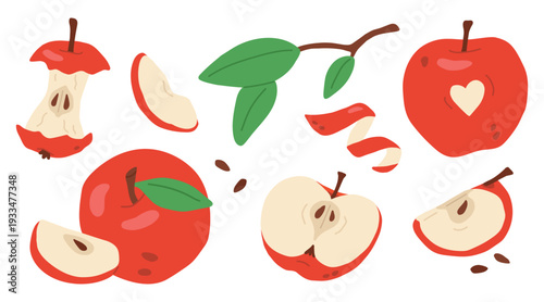 Flat vector apple set with whole, sliced, half and core pieces, peel and leaves. Cute red fruit collection isolated on light background. Fresh food illustration in soft style.