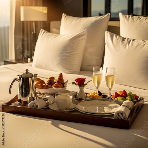 Luxury hotel breakfast in bed with coffee, champagne, croissants, and fresh fruit on wooden tray