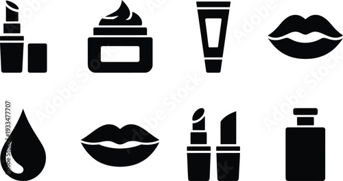 Beauty and cosmetic products icon set featuring lipstick cream tube lips and fragrance bottle icons