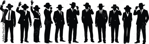 Set of black silhouettes featuring people in suits and fedora hats talking on phones and posing like vintage detectives.