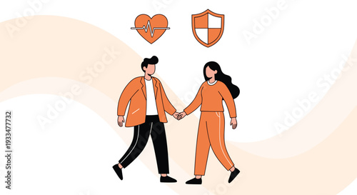 Vector illustration of a young couple walking together with health and shield protection icons representing life insurance and medical care.