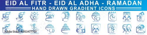Eid Al - Fitr Hand Drawn icons set. contain almsgiving, dua prayer, eid envelope, bedug, cookies, arom oil and more. Vector for modern concept, print, UI, UX kit, web and app development.