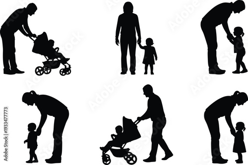 Set of black silhouette vectors featuring caring parents walking with their children holding hands and pushing baby strollers together.
