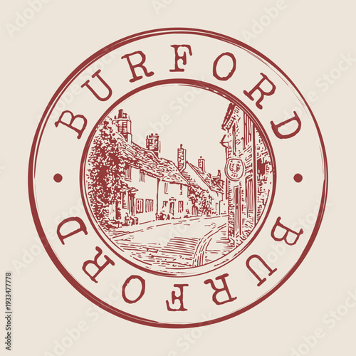 Vintage Burford Cotswolds badge featuring the iconic golden high street and medieval architecture