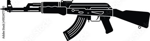 Silhouette of an ak47 assault rifle, black and white vector isolated on transparent background