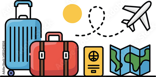 Colorful travel including suitcases, airplane, map, and passport blue