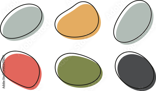 Six differently shaped and colored oval arranged in a grid pattern shapes colors gray