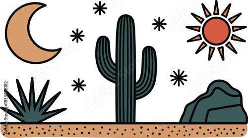 Desert landscape with cactus, moon, sun, and stars in a flat style