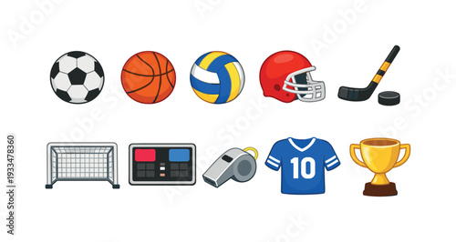 Sports equipment flat icon set. soccer, basketball, volleyball, hockey icons collection