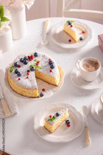 Delicious Basque cheesecake arranged on white porcelain and table.