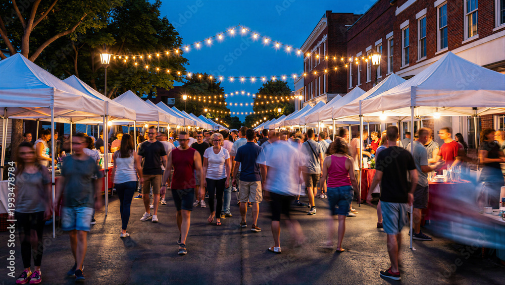 Obraz premium Crowded night market street fair with white tents and string lights