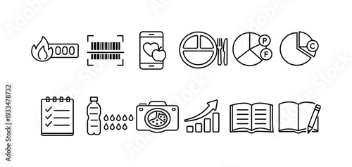 Health and fitness outline icon set. diet, wellness, tracking line icons collection