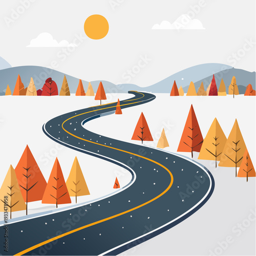 Winding winter road through a colorful forest during daytime in winter season