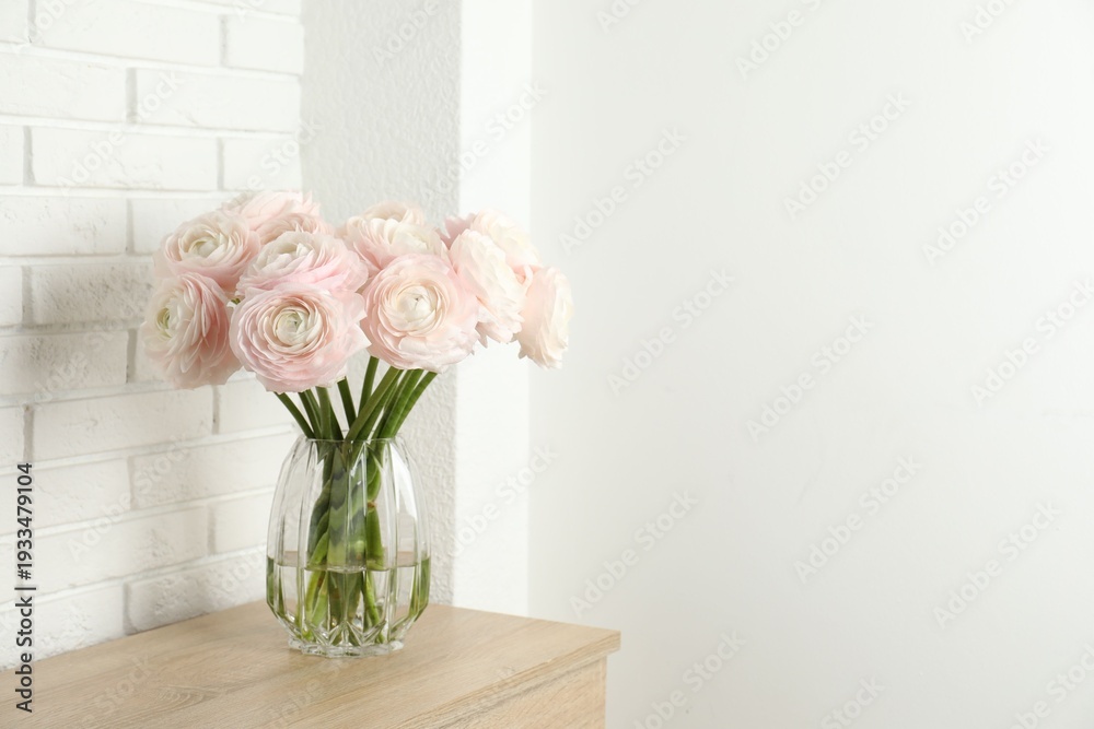 Fototapeta premium Beautiful ranunculus flowers in glass vase on wooden chest of drawers near white wall indoors. Space for text