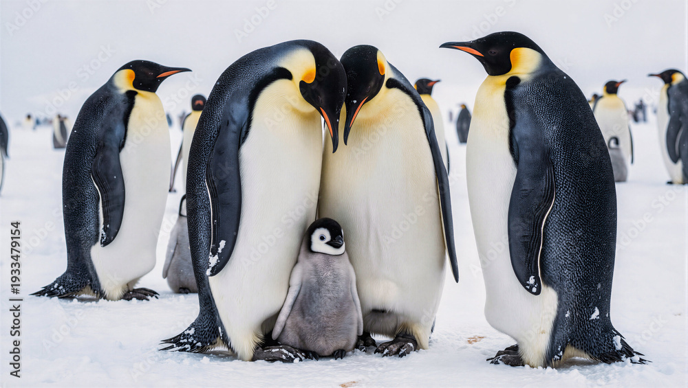 Obraz premium set of king penguins in monochrome, wildlife photography in snowy landscape with yellow patches, close-up of chick nestled between adults