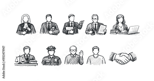 Legal and justice icon set. sketch style icons for law and order themes