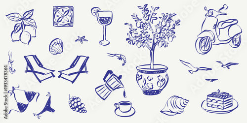 Sketch style summer icons featuring beach scenes, sea elements and doodle art. Vintage vacation graphics with Italian coastal vibes, hand drawn waves and Mediterranean charm.