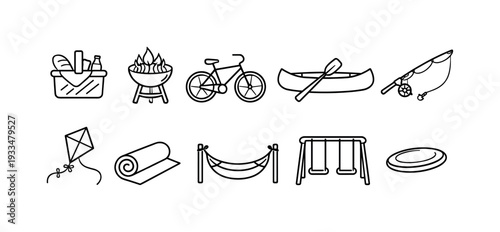 Outdoor activities icon set. picnic, cycling, fishing linear style icons collection
