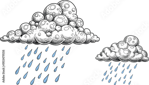 Hand drawn vintage style rain clouds vector illustration featuring detailed engraving texture and blue falling water droplets for weather or nature themed designs.