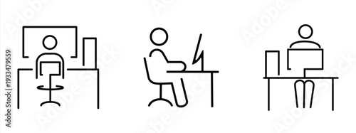 Remote Work. Male Worker Line Symbol at Designer-Freelancer Desk. Set of Icons in Line Style from the Co-working and Workplace or Workspace Icon Set. Custom Vector Pictogram with Editable Lines.