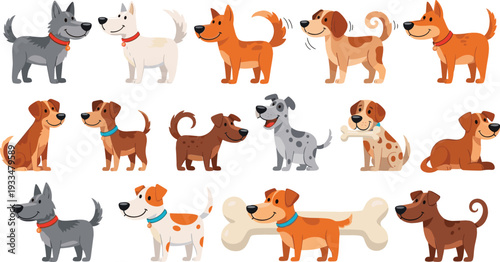 Large vector illustration set of cute cartoon dog characters in various breeds and poses with bones and colorful collars isolated on white background.