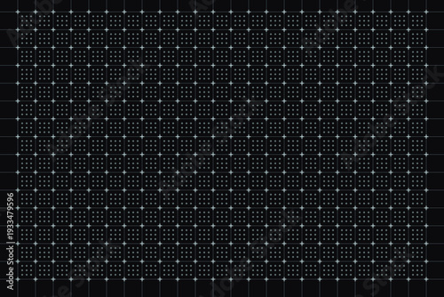 Bright cyan crosses and dots form a dense illuminated grid across a deep dark blue technological data screen