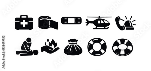 Emergency, safety silhouette icon set. medical, rescue, safety icons collection