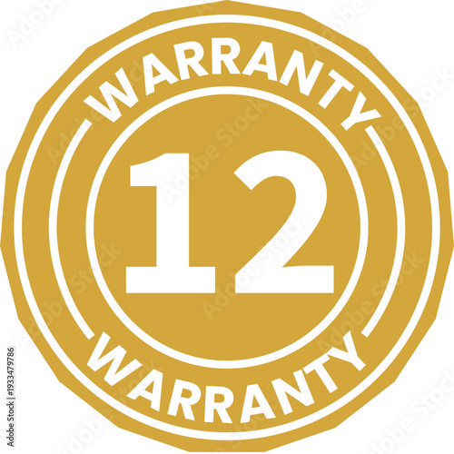 Golden circular warranty seal with prominent number twelve in center, symbolizing 12-month guarantee, viewed from directly above, WARRANTY 12.eps