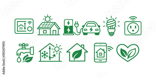 Eco-friendly linear icon set for renewable energy and smart home solutions