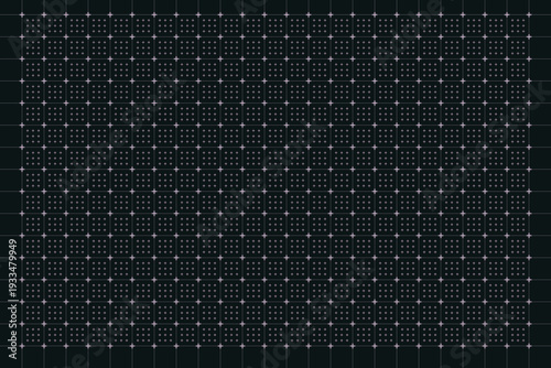 Glowing magenta crosses and dots form a repeating grid pattern across a dark teal technological display