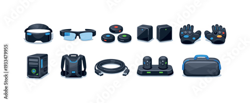 Virtual reality gadgets icon set. gaming accessories flat icons collection