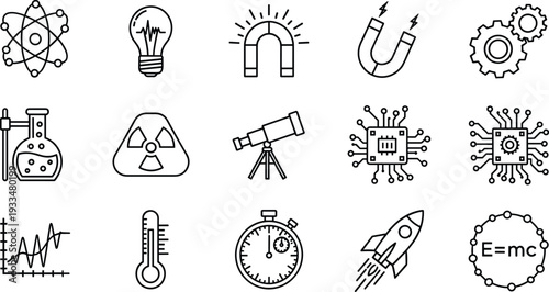 Modern science and technology line icons set featuring physics chemistry astronomy innovation research symbols in minimal outline vector style for educational design