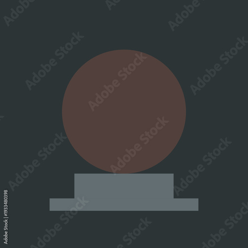 A large brown sphere sits atop a short gray pedestal indoors.