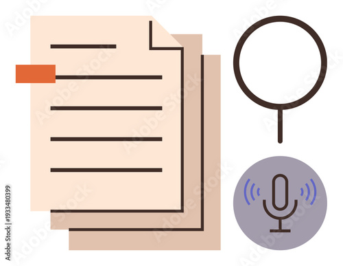 Digital organization, information search, audio transcription, data records, knowledge management, office tools. File sheets, magnifying glass microphone icon. Document management and audio